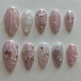 Qfdian  24pcs Press on Fake Nails Set Almond Wearable Simple French Flower False Nail Art Gold Beads Design Diamond Manicure Tips