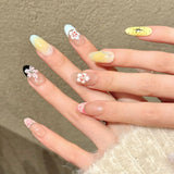 Qfdian  10pcs Handmade White French Press on Nails Nude Pink Almond Design False Nails Wearable Sweet 3D Flower Decor Fake Nail Tips