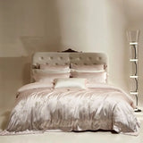 Qfdian Flower Jacquard Color Blocking Luxury Bedding Set Lyocell Cotton Soft Silky Duvet Cover Flat/Fitted Bed Sheet Pillowcases 4Pcs