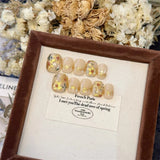 Qfdian Cute Handmade Press on Nails Golden Korean Fake Nails Round Head Reusable Adhesive False Artifical Nails Manicure Acrylic Tips