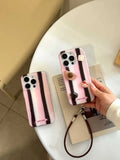 Qfdian Pink Stripe leather strap Bracelet Phone Case For Iphone 16ProMax 13 14 15 16 Pro Max 16Pro 15ProMax 15Pro 14Pro Cover Fundas