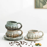 Qfdian  Retro Coarse Pottery Coffee Cup Pumpkin Shaped Coffee Cups Spoon with Lid Mugs Household Relief Cup and Disc Set Christmas Gifts