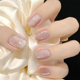 Qfdian  24Pcs Solid Color Grey Almond Fake Nail Cat's Eye Design Wearable Round Head False Nails with Shiny Powder Press on Nails