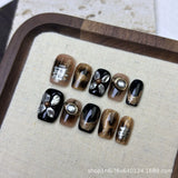 Qfdian  10pcs Amber Cat Eye Press on Nails Gold Glitter Fake Nails Vintage Autumn Winter Short Square False Nails Brown Gradient Nail