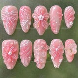 Qfdian  24pcs Press on Fake Nails Set Almond Wearable Simple French Flower False Nail Art Gold Beads Design Diamond Manicure Tips