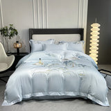 Qfdian 4Pcs New Chinese Style Landscape Embroidery Luxury Bedding Set Silky Duvet Cover Set Soft Quilt Cover Set Bed Sheet Pillowcases