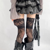 Qfdian 2025 Women Flower Lace Fishnet Thigh High Stockings Japanese Style JK Girl Sweet Lace Trim Frilly Over Knee Long Socks