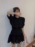 Qfdian  Korean Unique Bubble Sleeve Top High Waisted Wooden Ear Skirt Two-piece Set Sweet Summer Women's Fashion Solid Color Set Skirt