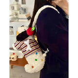 Qfdian Japanese Fluffy Cartoon Striped Dog Shoulder Bag Kawaii Sweet Fashion Women's Handbags Y2k Aesthetic Cute Crossbody Bags Trendy
