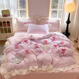 Qfdian  Korean Style Bedding Sets Pink Grid Bow Quilt Cover Romantic Bed Sheet Sets Woman Girls Bedroom Duvet Cover 4pcs