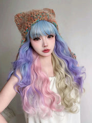 Qfdian 28Inch Blue Pink Purple Blonde Mix Color Synthetic Magic Wigs With Bang Long Natural Wavy Hair Wig For Women Cos Heat Resistant