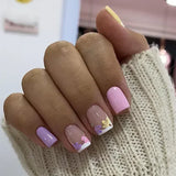Qfdian  24Pcs Short Square Coffin False Nails Square Fake Nails with Glue French Glitter Wearable Acrylic Nails Set Press on Nail Tips