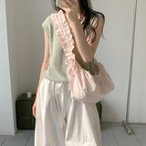 Qfdian Korean Sweet Dot Pleated Shoulder Handbags Fashion Office Lady Chic Women Hobo Bag Y2k Aesthetic Fairy All Match Crossbody Bags