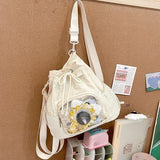 Women Grunge Drawstring Simple Backpacks Y2k Aesthetic Casual All Match Ita Bags Trendy Students Vintage Transparent Schoolbags