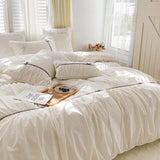100%Cotton Pinch Pleated Textured Duvet Cover with Zipper Closure Girls Women Bedding Queen King 4Pcs with Bed Sheet Pillowcases