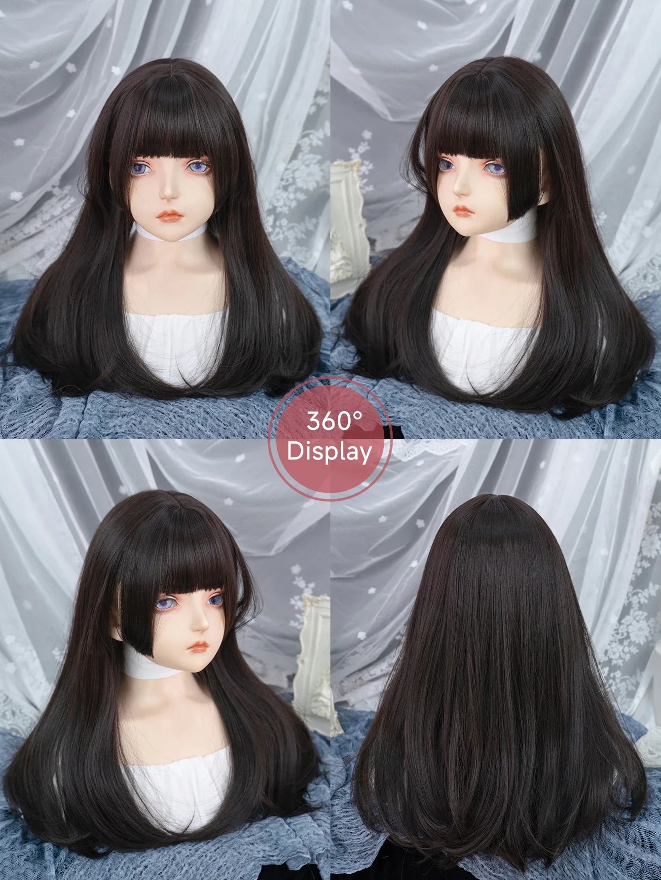 Qfdian 22Inch Black Japanese Hime Cut Synthetic Wigs with Bang Long Natural Straight Hair Mechanism Wig for Women Daily Heat Resistant