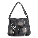 Qfdian Washed Denim Women Shoulder Bag Large Capacity Student Zipper Messager Handbags