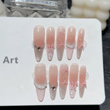Qfdian  10pcs Handmade Pink Bow Pearl Fake Nails Sweet Shiny French Press on Nails for Lady Girl Wearable Korean Girl Fake Nail Tips