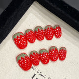 Qfdian  Pink Strawberry Press on Nails Handmade Flower Fake Nails Gradient Color Medium Length Square False Nails for Women Girls
