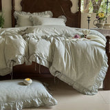 Qfdian 100% Cotton Pastoral Floral Print Ruffles Bow Princess Bedding Set Queen King Duvet Cover Set Bed Sheet/Fitted Sheet Pillowcases