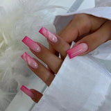 Qfdian 24Pcs Mid-length Ballet False Nails with White Wave Line Design Pink French Press on Nails Wearable Coffin Full Cover Fake Nail