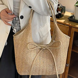 Qfdian Large capacity simple casual armpit bag, fashionable woven bag, beach shoulder bag