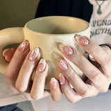 Qfdian  10Pcs White French Pink Heart Diamond Manicure Art Gentle Sweet Short Oval Artificial Wearing Nails Patch Full Cover Press Ons