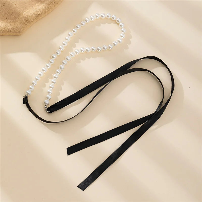 Trend Wedding Party Jewelry Long Black Ribbon Choker Necklace For Women Elegant White Imitation Pearl Beach Vacation Necklaces