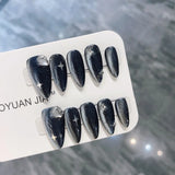 Qfdian Handmade False Nails Press on Dark Star Cat's Eye Almond Fake Nails Acrylic Full Cover Nail Tips Glitter Nails Set with Designed