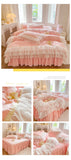 Qfdian 4/6Pcs White Pink 100% Cotton Princess Wedding Bedding Set Three Layers White Chiffon Lace Duvet Cover Set Bed Skirt Pillowcases