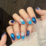 Qfdian  10Pcs Short Oval Handmade Fake Nails with Star-fish Pearl Decor Glossy Blue Theme Press On Nails Wearable False Nail Tips
