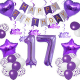 Qfdian  Purple White Foil Birthday Number Decorations Happy Birthday Banner Purple Happy Birthday Swirls Foil Heart Star Latex Balloons