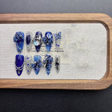 Qfdian  Deep Blue Dream Court Press On Nails 3D Rose Iridescent Rhinestone Flexible Resin Multiple Sizes Ideal for Court Outfits Dinners