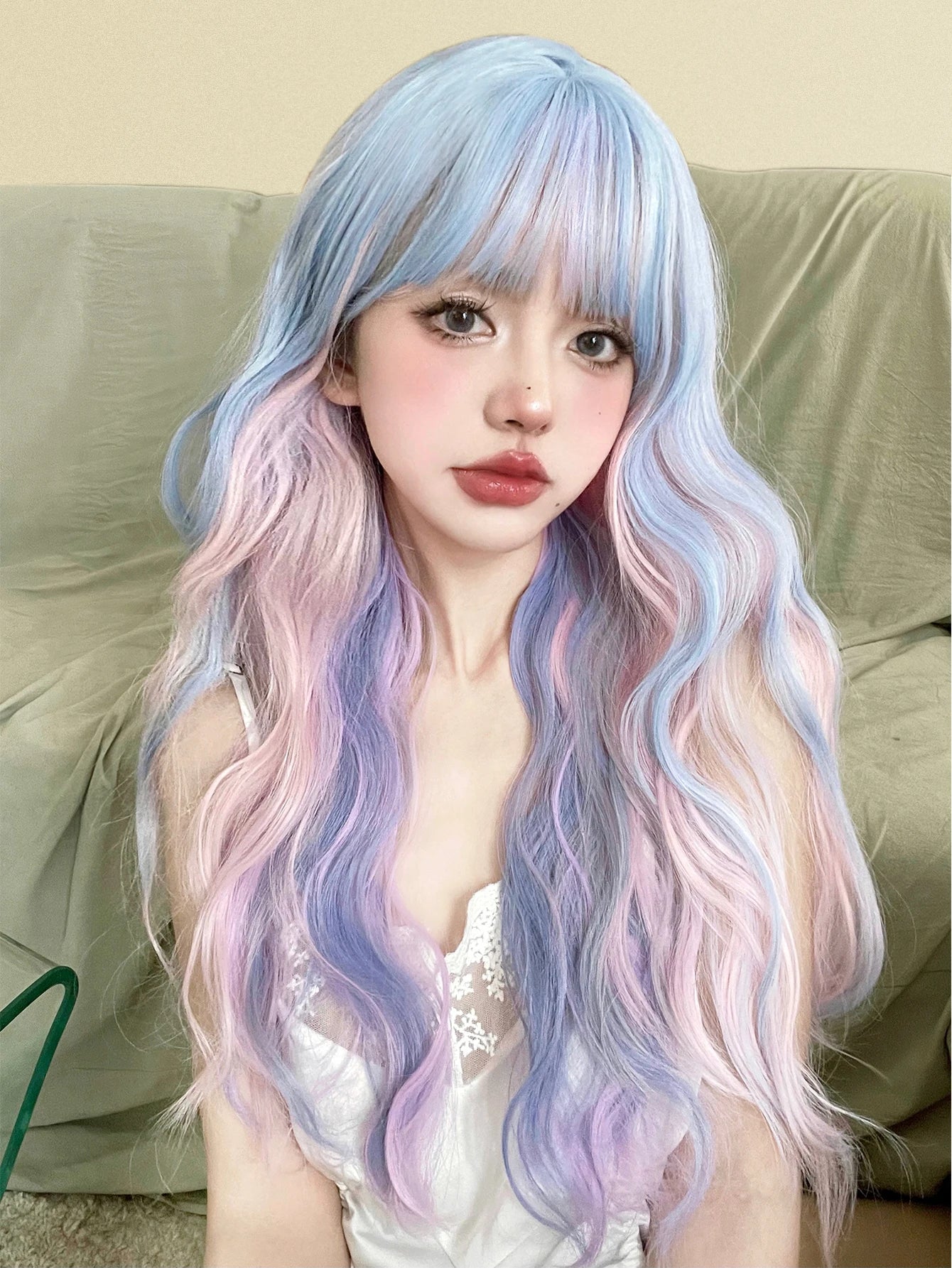 Qfdian 26Inch Fantasy Purple Mix Lolita Synthetic Wigs With Bang Long Natural Wavy Hair Wig For Women Cosplay Daily Use Heat Resistant