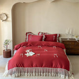 Qfdian  Vintage French Lace Ruffles Bow Bedding Set 60S Lyocell Cotton Soft Silky Duvet Cover Set Flat Bed Sheet Pillowcases 4Pcs