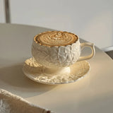 Qfdian  French Cream Relief Coffee Cups Set  Cafe Afternoon Tea Coffee Cups Retro Cappuccino Flower Patterned Cup Unique Creativity Gift