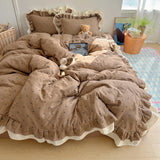 Qfdian  Korean Princess Style Bed Linen Set Bowknot Print Ruffles Duvet Cover Pillowcase Bedsheet Bedclothes Home Soft Bedding Set