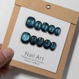 Qfdian 10pcs Cat Eye Blue Handmade Press on Nails Glitter False Nails Short Round Head Manicure Daily Wearable Adhesive Tips Beauty Art