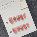 Qfdian  Blush Pink Handmade Fake Nails Sweet Strawberry Flower Designed Wearable Press on Nails Full Cover False Nail for Women Girls