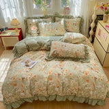 Qfdian  Korean Style Floral Double Gauze Bedding Set 3pcs/4pcs Soft Breathable Cotton Duvet Cover Sheet Girly Dorm Home Textile