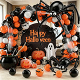 Qfdian  120Pcs Halloween DIY Spider Balloon Garland Arch Kit, Black Orange White Latex Balloons with Long Strip Balloons to Make Big Spi