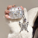 Qfdian  Luxury Colorful Diamond Butterfly Bluetooth Headset Case For AirPods Pro 2nd Air Pods 4 3 2 1 Clear Earhone Case with Pendant