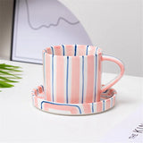 Qfdian  280ml/9.5oz afternoon tea coffee cup, Minimalist striped hand drawn cup and plate set, ceramic milk coffee cup, household drinki