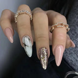 Qfdian 24Pcs Short Round Head False Nails Glitter Pink Almond Fake Nails Strawberry Full Cover Press on Nails Wearable Nail Tips