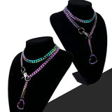 Qfdian  Rainbow Metal Cuban Long Layered Necklace for Women Adjustable Y-Shape Choker Chain Colorful Heart O-Ring Chunky Chain Jewelry