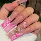 Qfdian  24Pcs Long Coffin False Nails Pink French Flowers Design Fake Nail with Butterfly Rhinestone Wearable Ballet Press on Nails