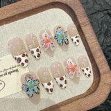 Qfdian  Handmade Fake Nails Short Round Head Flower Designed Press on Nails Pink Wearable False Nails Tips for Women Girls DIY Manicure
