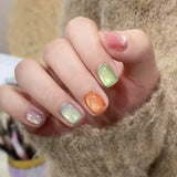 Qfdian  24Pcs  Gradient Color Fake Nail Simple Short Ballet Wearable False Nails with Cat Eye Design Press on Nails Full Cover Nail Tips