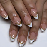 Qfdian 24Pcs Short Round Head Nails Set Press on Golden Edge French Design Fake Nails Tips Wearable Almond Full Cover False Nail Patch