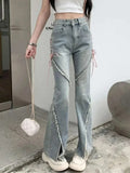 Qfdian  Korean Streetwear Casual Wide Leg Trousers Y2K Vintage High Waist Flare Jeans Women Fashion Bandage Slit Slim Denim Pants Summer